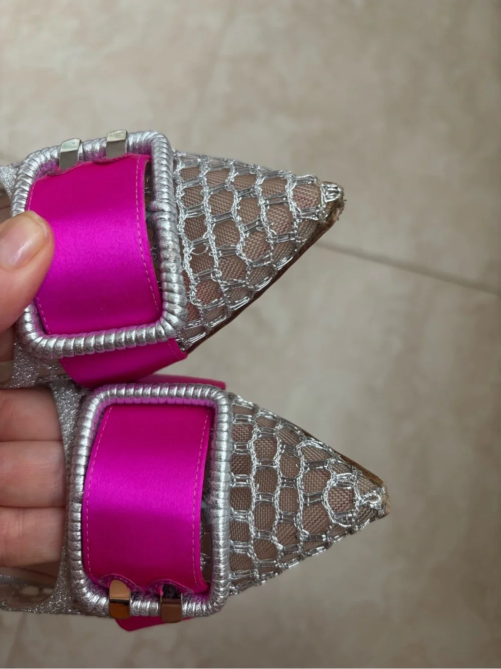 RODO Mesh Pointed-Toe Pumps with Fuchsia Accent